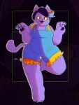 absurd_res anthro black_hair catty_(undertale) clothing domestic_cat ear_piercing eyelashes fangs felid feline felis female fur hair hi_res mammal multicolored_hair overalls paws piercing purple_body purple_fur short_hair smile solo tail teeth thick_thighs two_tone_hair tyso_art undertale_(series) yellow_sclera