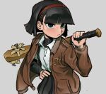  1girl baseball_bat black_eyes black_hair black_shirt black_skirt blunt_bangs bob_cut brown_hairband brown_jacket buttons closed_mouth collared_shirt cowboy_shot expressionless flat_chest grey_background hairband hakonnbo hand_on_own_hip holding holding_baseball_bat jacket jacket_on_shoulders layered_sleeves long_sleeves looking_at_viewer medium_bangs nail nail_bat open_clothes open_jacket original shirt short_hair short_over_long_sleeves short_sleeves simple_background skirt solo white_shirt 