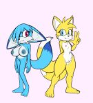 anthro big_breasts blue_body blue_eyes breasts canid canine crossgender duo female flat_colors fours_(artist) fox gesture hand_gesture hi_res huge_breasts idw_publishing kitsunami_the_fennec mammal miles_prower purple_eyes sega small_breasts small_hips sonic_the_hedgehog_(comics) sonic_the_hedgehog_(idw) sonic_the_hedgehog_(series) v_sign wide_hips yellow_body
