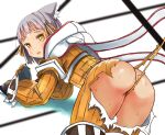  1girl ass brown_hair jumpsuit long_sleeves looking_at_viewer looking_back nia_(xenoblade) no_panties open_mouth shadow short_hair shougakusei simple_background solo torn_clothes white_background white_hood xenoblade_chronicles_(series) xenoblade_chronicles_2 yellow_eyes yellow_jumpsuit 