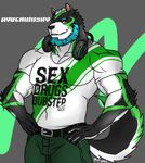  abs anthro aydenwusky beard belt biceps big_muscles black_fur blue_hair canine claws clothing dog facial_hair fur green_fur grey_fur grin hair headphones hentist husky male mammal muscles orange_fur pants pecs pose shirt smile solo standing teeth toned vein white_fur white_hair wusky 