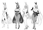  1girl 777_(nikke) :3 amano_don animal_ear_headwear animal_ears ascot backless_leotard bare_shoulders black_ascot black_bow black_bowtie black_gloves black_leotard blanc_(nikke) blush bow bowtie breasts cleavage dark-skinned_female dark_skin detached_collar fake_animal_ears fake_tail fang gloves goddess_of_victory:_nikke greyscale highleg highleg_leotard highres horns large_breasts leotard long_hair looking_at_viewer medium_breasts monochrome multiple_girls noir_(nikke) official_alternate_costume open_mouth pantyhose playboy_bunny rabbit_ears rabbit_tail rupee_(nikke) rupee_(rabbit_deluxe)_(nikke) smile strapless strapless_leotard tail thong_leotard very_long_hair viper_(nikke) viper_(toxic_rabbit)_(nikke) white_leotard wrist_cuffs 