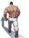  1boy arrow_(symbol) back bara belt biceps denim highres jeans leather_belt male_focus manly mature_male muscular muscular_male original pants selkiro shoes short_hair simple_background sneakers solo spiked_hair thick_arms topless_male triceps undercut walking white_background 
