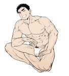 1boy abs anjingkuxiao bara black_hair briefs closed_eyes crossed_legs dirty dirty_clothes facial_hair facing_ahead full_body goatee_stubble grin large_pectorals male_focus male_pubic_hair male_underwear mature_male muscular muscular_male no_nipples pectorals pee_stain pubic_hair senpai_ga_uzai_kouhai_no_hanashi short_hair sideburns sitting smile solo stubble takeda_harumi_(shiromanta) thick_eyebrows topless_male underwear white_background white_male_underwear 