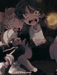  2boys black_hair black_jacket blue_eyes brown_hair flashlight full_body highres holding holding_flashlight jacket kpnoks male_focus multiple_boys open_mouth original scared shirt shoes short_hair shorts side_ponytail tearing_up white_shirt 