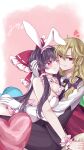  2girls absurdres alternate_costume animal_ears black_hair blonde_hair bow braid breasts bunny_day cleavage commentary_request detached_collar fake_animal_ears fake_tail frilled_bow frilled_hair_tubes frills gloves hair_bow hair_tubes hakurei_reimu heart highres hug kirisame_marisa leotard long_hair long_sleeves mito_(fate) multiple_girls no_headwear one_eye_closed playboy_bunny rabbit_ears rabbit_tail red_bow red_eyes side_braid signature single_braid smile strapless strapless_leotard tail touhou white_gloves white_leotard wrist_cuffs yuri 
