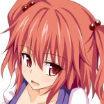  1girl collarbone commentary_request gin&#039;you_haru hair_bobbles hair_ornament looking_at_viewer onozuka_komachi open_mouth portrait profile_picture red_hair short_sleeves simple_background solo touhou two_side_up upper_body white_background 