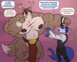 anthro big_biceps big_muscles big_pecs bottomwear bulge clothing deer duo hi_res huge_muscles huge_pecs hyper hyper_biceps hyper_muscles loincloth male male/male mammal measuring muscular muscular_anthro muscular_arms muscular_male muscular_thighs nipples parttimeyeen_(artist) pecs ring scar shirtless size_difference tape_measure