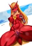 anthro areola avian big_breasts bird blaziken blue_eyes blush bodily_fluids breasts buransan female generation_3_pokemon genitals hair hand_on_breast looking_at_viewer nintendo nipples nude pokemon pokemon_(species) pussy red_body smile solo