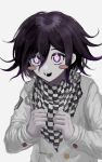  +_+ 1boy arm_belt bad_id bad_twitter_id belt black_scarf blush_stickers buttons checkered_clothes checkered_scarf clenched_hands crest danganronpa_(series) danganronpa_v3:_killing_harmony double-breasted excited highres ie_(kshgnhg) jacket layered_sleeves long_sleeves looking_at_viewer male_focus multicolored_buttons oma_kokichi open_mouth pale_skin purple_eyes purple_hair scarf simple_background smile solo sparkling_eyes teeth two-tone_scarf upper_body white_background white_belt white_jacket white_scarf white_sleeves 