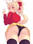  1girl animal_ears artist_name ass black_panties black_thighhighs blonde_hair closed_mouth english_commentary from_behind from_below hair_between_eyes highres lace-trimmed_panties lace_trim long_hair long_sleeves looking_at_viewer looking_back nottytiffy original panties pout red_eyes red_sweater simple_background solo sweater tail tail_through_clothes thighhighs tiffy_(nottytiffy) underwear white_background 