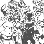  aeon_(skullgirls) black_dahlia breasts cleavage d._violet eliza_(skullgirls) greyscale large_breasts long_hair mask monochrome multiple_girls scythana sketch skullgirls tsukudani_(coke-buta) venus_(skullgirls) 