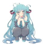  1girl ahoge aqua_eyes aqua_hair aqua_necktie bare_shoulders black_thighhighs blue_eyes blush boots commentary detached_sleeves elbow_rest grey_shirt hair_between_eyes half-closed_eyes hand_on_own_cheek hand_on_own_face hatsune_miku head_rest highres long_hair looking_at_viewer necktie nekonika_(e102k) shirt smile solo squatting thick_thighs thigh_boots thighhighs thighs twintails very_long_hair vocaloid 