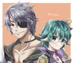  1boy 1girl black_choker breasts character_name choker cleavage closed_mouth core_crystal_(xenoblade) green_eyes green_hair grey_eyes grey_hair grey_jacket highres jacket jasumin_cha looking_at_viewer orange_background pandoria_(xenoblade) pointy_ears purple_jacket round_eyewear short_hair simple_background smile upper_body xenoblade_chronicles_(series) xenoblade_chronicles_2 zeke_von_genbu_(xenoblade) 