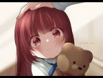  1girl aged_down blurry blurry_background blush chastille_lilqvist child closed_mouth commentary_request eyebrows_hidden_by_hair hair_between_eyes headpat holding holding_stuffed_toy itagaki_hako long_hair maou_no_ore_ga_dorei_elf_wo_yome_ni_shitanda_ga_dou_medereba_ii? out_of_frame red_eyes red_hair shirt signature smile solo stuffed_animal stuffed_toy teddy_bear upper_body very_long_hair white_shirt 