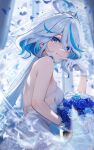  1girl ahoge back backless_dress backless_outfit bare_shoulders blue_eyes blue_flower blue_hair blue_rose bouquet breasts bridal_veil bride church dress drop-shaped_pupils flower from_side furina_(genshin_impact) genshin_impact gloves hair_between_eyes heterochromia highres holding holding_bouquet light_blue_hair long_hair looking_at_viewer mismatched_pupils multicolored_hair rose shuimonianhua sideboob small_breasts smile solo symbol-shaped_pupils tiara veil wedding_dress white_dress white_gloves white_hair 