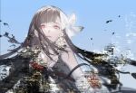  blue_sky blunt_bangs bow bright_pupils brown_hair crying crying_with_eyes_open dress eyelashes glitch hair_bow long_hair louise_(nier) meru02295238 nier nier_(series) parted_lips red_eyes sky straight_hair tears teeth upper_body white_bow white_dress white_pupils 