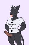 anthro balls black_body black_fur bottomless clothed clothing erection flat_colors fours_(artist) fur genitals hi_res male meme meme_clothing original_character penis rex_(fours) shirt shirt_only solo tongue tongue_out topwear topwear_only warg_(fours)