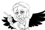  1girl :d bag bird_wings black_wings collared_shirt commentary_request feathered_wings flat_cap hat holding holding_notepad holding_pencil jacket long_sleeves monochrome necktie notepad open_mouth pencil pointy_ears shameimaru_aya shameimaru_aya_(newsboy) shirt short_hair shoulder_bag simple_background smile solidus_(sword_cube) solo teeth touhou upper_teeth_only white_background wings 