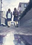  2girls 2others absurdres backpack bag black_footwear black_hair black_socks blue_sailor_collar blue_serafuku blue_shirt blue_skirt blurry blurry_background brown_footwear brown_hair car commentary_request day depth_of_field different_reflection fracoco from_behind highres horror_(theme) house long_sleeves medium_hair medium_skirt motor_vehicle multiple_girls multiple_others original outdoors people pleated_skirt power_lines puddle puffy_sleeves reflection road sailor_collar scenery school_uniform serafuku shirt signature skirt socks standing street utility_pole walking white_socks 