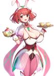  1girl :d absurdres animal_ears blush breasts cleavage cup fake_animal_ears gloves gonzarez highres holding holding_teapot holding_tray huge_breasts leotard pantyhose puffy_short_sleeves puffy_sleeves pyra_(xenoblade) rabbit_ears red_eyes red_hair see-through see-through_sleeves short_hair short_sleeves simple_background skirt smile solo teacup teapot tray white_background white_gloves xenoblade_chronicles_(series) xenoblade_chronicles_2 