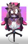 abstract_background absurd_res anthro bra breasts brown_body brown_eyes brown_fur chair cleavage clothed clothing controller diaper ear_piercing ear_ring fangs female fur furniture game_controller hi_res hyena legs_up mammal on_chair open_mouth open_smile piercing presenting ring_piercing sega shinmayjay sitting sitting_on_chair smile sonic_the_hedgehog_(series) spread_legs spreading teeth underwear underwear_only zee_the_hyena