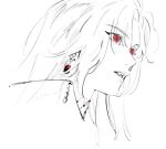  1girl character_request commentary dog_9uk earrings fang greyscale jewelry long_hair monochrome parted_lips path_to_nowhere portrait red_eyes solo spot_color 