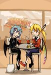  aircraft alternate_costume bad_id bad_pixiv_id bag bat_wings blonde_hair blue_hair blush_stickers commentary contemporary dirigible drinking drinking_straw fashion flandre_scarlet jacket multiple_girls red_eyes remilia_scarlet restaurant setz siblings sisters soda touhou wings 