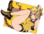  1girl animal_ears animal_print ass bare_shoulders blush breasts highres looking_at_viewer one-piece_swimsuit original red_eyes ryuu_tou shoes short_hair smile sneakers solo swimsuit tail tiger_ears tiger_girl tiger_print tiger_tail 