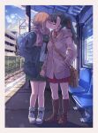  2girls aoi_kujira bag black_hair girls_und_panzer hair_ribbon highres interlocked_fingers kiss long_hair messenger_bag multiple_girls nishi_kinuyo nishizumi_miho orange_hair ponytail ribbon scarf school_uniform short_hair shoulder_bag standing train_station yuri 