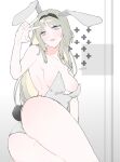  1girl an-94_(girls&#039;_frontline) animal_ears ass bad_link bare_shoulders blonde_hair blue_eyes breasts cross girls&#039;_frontline headband image_sample long_hair looking_at_viewer no_bra plunging_neckline rabbit_ears rabbit_tail simple_background smile tail twitter_sample v yongsadragon 