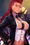  1girl breasts collar crimson_viper earrings gloves green_eyes hungry_clicker jewelry mature_female necktie red_hair rimless_eyewear solo street_fighter street_fighter_iv_(series) 
