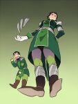  1boy 1girl avatar_legends black_hair bolin boots breasts brown_footwear closed_eyes coat from_below full_body gloves green_background green_coat green_pants green_theme kuvira long_sleeves looking_at_viewer medium_breasts mole mole_under_eye open_mouth pants shoe_soles short_hair smile t_k_g teeth the_legend_of_korra upper_teeth_only white_gloves 