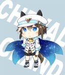  1girl animal_ears ascot black_socks blue_eyes blush brown_hair character_name cheval_grand_(umamusume) chibi chibi_only closed_mouth ears_through_headwear english_text gloves hair_between_eyes hat hat_belt hinata_yuu horse_ears horse_girl horse_tail jacket looking_at_viewer multicolored_hair peaked_cap single_glove socks solo streaked_hair tail umamusume white_gloves white_hair white_hat yellow_ascot 