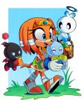  1girl 3others artist_name blue_eyes chao_(sonic) circlet dark_chao food gloves grass hero_chao highres hikariviny holding holding_food multiple_others open_mouth orange_fur orange_tail picnic_basket print_skirt sandals shirt skirt sleeveless sleeveless_shirt sonic_(series) tikal_the_echidna white_footwear white_gloves white_shirt 