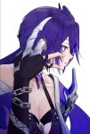  1girl absurdres acheron_(honkai:_star_rail) bandaged_arm bandages black_gloves breasts chain cleavage commentary gloves halterneck hand_up highres honkai:_star_rail honkai_(series) long_hair mal_(malqsm) profile purple_eyes purple_hair simple_background single_bare_shoulder solo upper_body white_background 