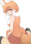  1boy 1girl animal_ear_fluff animal_ears blush breasts brown_hair brown_skirt brown_thighhighs captain_(kemono_friends) closed_mouth commentary_request dhole_(kemono_friends) dog_ears dog_girl dog_tail feet_out_of_frame hair_between_eyes hetero highres illu_(illu_stratos) kemono_friends kemono_friends_3 large_breasts looking_at_viewer medium_bangs multicolored_hair pleated_skirt short_hair simple_background sitting sitting_on_person skirt smile solo_focus tail thighhighs trembling white_background white_hair yellow_eyes 