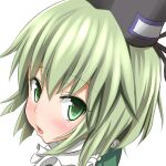  1girl black_hat blush commentary_request gin&#039;you_haru green_eyes green_hair hat looking_at_viewer open_mouth portrait profile_picture simple_background soga_no_tojiko solo tate_eboshi touhou upper_body white_background 