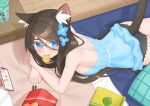  1girl aina_(mao_lian) animal_ear_fluff animal_ears black_panties blue_eyes breasts brown_hair cat_ears cat_girl cat_tail chips_(food) food hair_between_eyes highres indoors juice_box large_breasts long_hair lying mao_lian_(nekokao) on_stomach original panties potato_chips round_eyewear solo tail underwear 