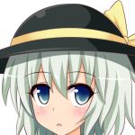  1girl black_hat blush commentary_request gin&#039;you_haru green_eyes green_hair hat hat_ribbon komeiji_koishi looking_at_viewer open_mouth portrait profile_picture ribbon short_hair simple_background solo touhou upper_body white_background yellow_ribbon 