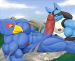 absurd_res anthro areola avian ball_fondling balls beak big_muscles bird blue_body blue_feathers blue_fur bodily_fluids canid canine city destruction duo erection falco_lombardi feathers fellatio fondling fur generation_4_pokemon genital_fluids genitals hi_res led_owo licking lucario lying macro macro_on_macro male male/male mammal muscular muscular_anthro muscular_male nintendo nipples non-mammal_nipples oral pecs penile penis penis_lick pokemon pokemon_(species) precum sex smoke star_fox togepi1125 tongue tongue_out