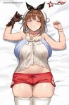  1girl absurdres atelier_(series) atelier_ryza atelier_ryza_1 awesomeerix blush breasts brown_eyes brown_hair hair_ornament hairclip hat highres jewelry large_breasts lying navel necklace on_back open_mouth plump red_shorts reisalin_stout short_hair short_shorts shorts sleeping thick_thighs thighhighs thighs 