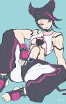  1girl absurdres baggy_pants black_hair bracelet breasts drill_hair fingerless_gloves gloves hair_horns han_juri highres jewelry medium_breasts nail_polish navel panties_over_leggings pants purple_eyes solo spiked_anklet spiked_bracelet spikes street_fighter street_fighter_6 street_fighter_v toeless_legwear tunacan_olive twin_drills 