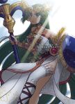  1girl breasts chain collarbone diadem forehead_jewel gold_chain green_eyes green_hair highres holding holding_staff joypendant kid_icarus kid_icarus_uprising light_rays long_hair looking_at_viewer palutena shield single_thighhigh solo staff sunbeam sunlight thighhighs vambraces 
