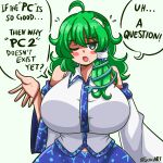 1girl blush breasts detached_sleeves english_commentary english_text frog_hair_ornament green_eyes green_hair hair_ornament hair_tubes highres huge_breasts kochiya_sanae long_hair looking_at_viewer open_mouth seireiart shirt skirt snake_hair_ornament solo taut_clothes touhou 