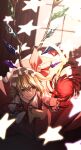  1girl arm_ribbon ascot blonde_hair bow closed_mouth crystal flandre_scarlet frilled_sleeves frills hair_between_eyes hand_on_own_cheek hand_on_own_face hat hat_bow highres incoming_attack light_smile medium_hair mob_cap multicolored_wings one_side_up otoshiro_kosame puffy_short_sleeves puffy_sleeves red_bow red_eyes red_ribbon red_skirt red_vest ribbon shirt short_sleeves skirt sleeve_ribbon solo touhou vest white_hat white_shirt wings yellow_ascot 