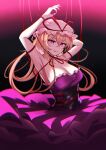  1girl absurdres armpits blonde_hair breasts choker cleavage commentary_request dress hat hat_ribbon highres large_breasts long_hair looking_at_viewer mob_cap mole mole_on_breast mole_under_eye purple_dress purple_eyes red_ribbon ribbon ribbon_choker rinkaito1231 smile solo strapless strapless_dress touhou yakumo_yukari 