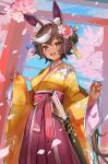  1girl absurdres animal_ear_fluff blue_sky blue_tassel brown_eyes brown_hair cherry_blossoms dark-skinned_female dark_skin falling_petals floral_print_kimono flower furofuroppi hair_ornament hair_ribbon hairclip hakama highres horse_girl indie_virtual_youtuber japanese_clothes katana kimono multicolored_hair open_mouth petals pink_flower pink_hakama purple_tassel red_flower ribbon second-party_source sheath sheathed short_hair sky solo streaked_hair sword tassel tassel_hair_ornament tomoe_umari torii virtual_youtuber weapon white_hair wide_sleeves yellow_kimono yellow_ribbon 