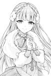  1girl bow bowtie braid closed_mouth crown_braid fire_emblem fire_emblem_echoes:_shadows_of_valentia flower fur_collar greyscale hair_flower hair_ornament long_hair looking_at_viewer monochrome rinea_(fire_emblem) simple_background smile solo ten_(tenchan_man) upper_body white_background 