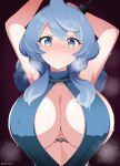  1girl ako_(blue_archive) ako_(dress)_(blue_archive) armpits blue_archive blue_dress blue_hair blush breasts cleavage_cutout clothing_cutout covered_nipples cuffs dress kairi_(fotune) large_breasts presenting_armpit shackles sweat 